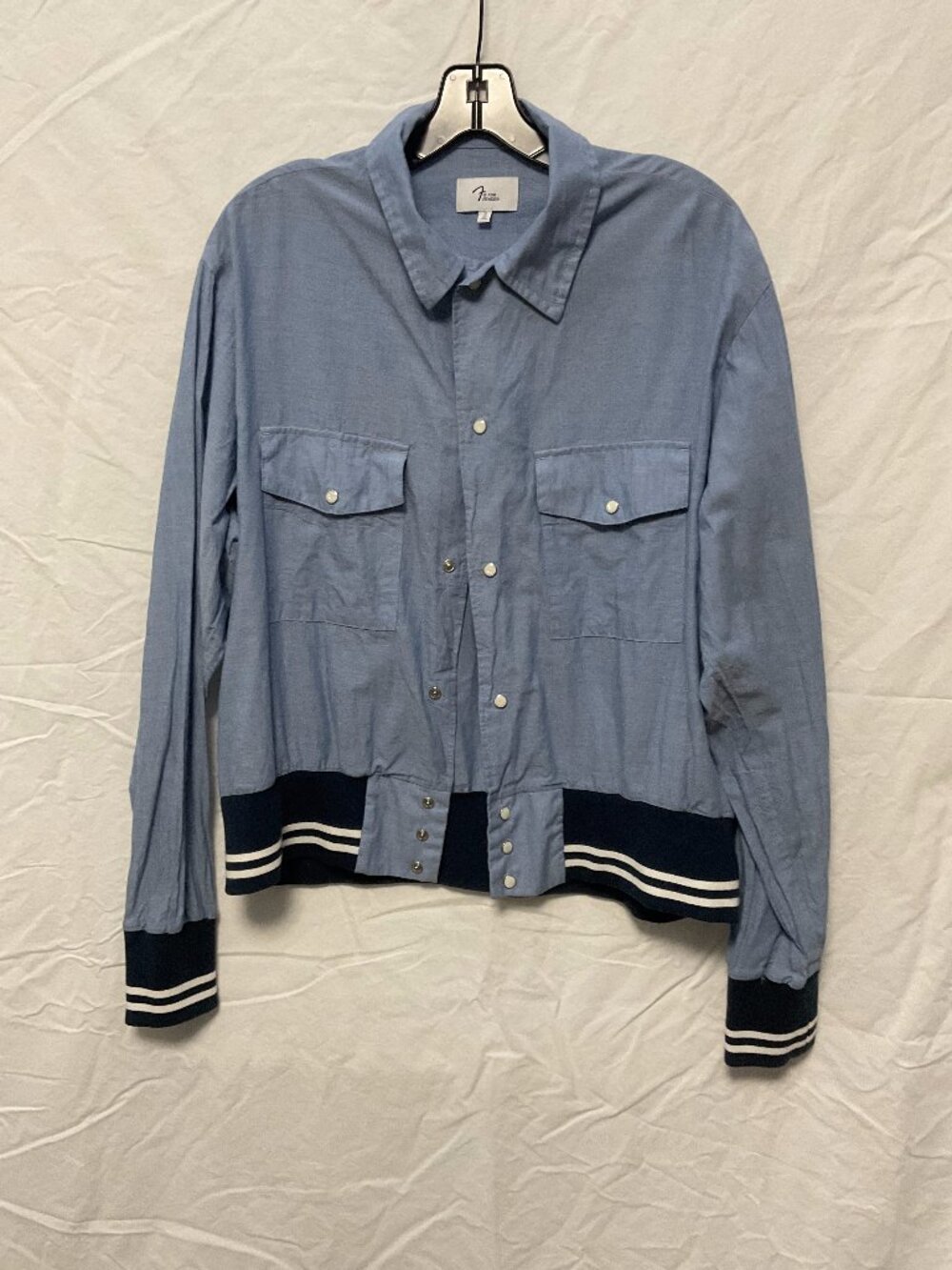 'F' Is For Fender Chambray Varsity Trim Shirt Size L